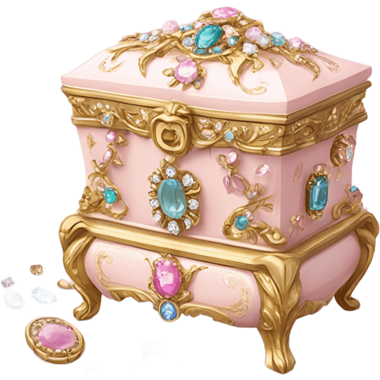 Pale Pink rococo style jewelry box filled with jewels and diamonds emoji