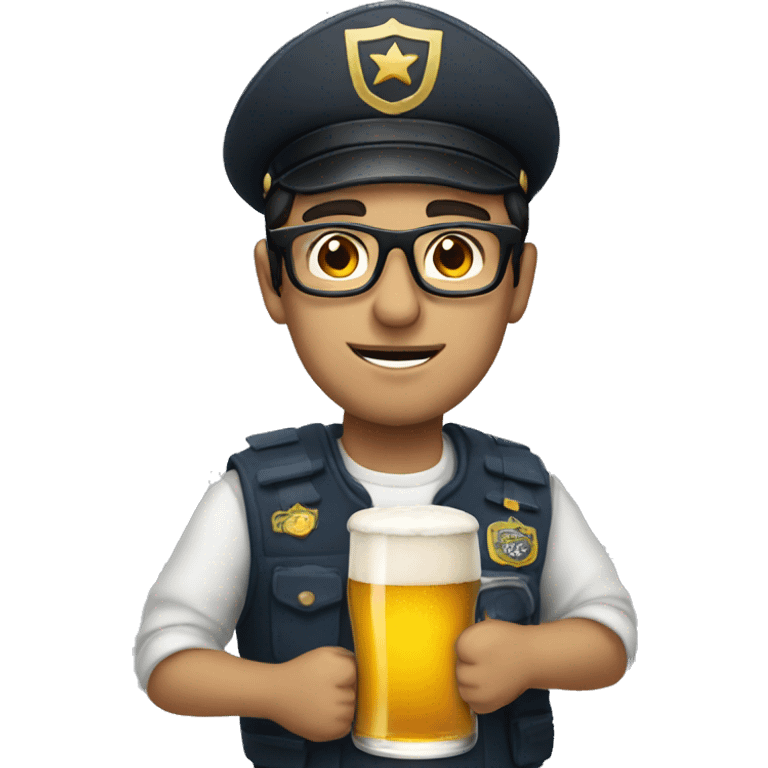 man wearing captain hat with dark hair and glasses holding a beer emoji