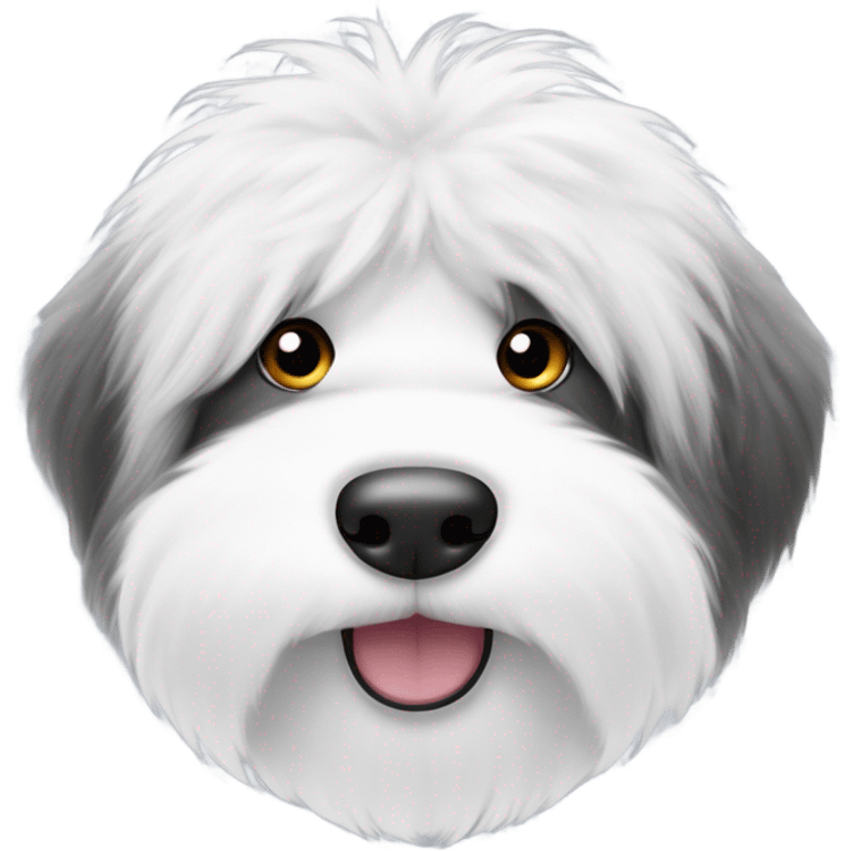 Fluffy Old English sheepdog face with the left half of his face black and the right half of his face white. White around the mouth and nose emoji