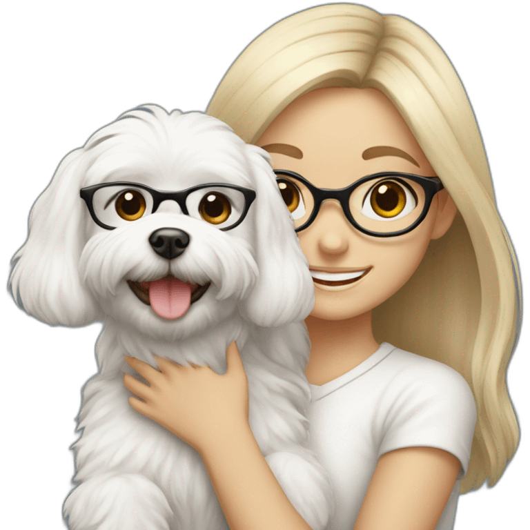 smiling girl with glasses with a white Maltese dog in her arms emoji