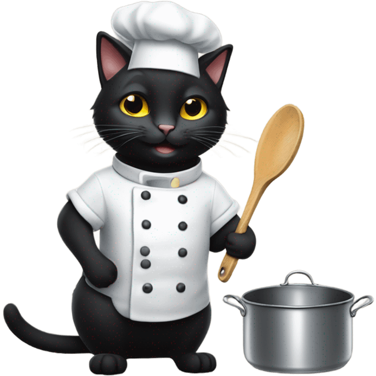 black cat with a chef hat holding a pot and a pan emoji