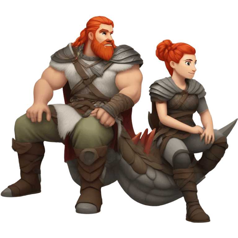  White Viking red head pale skin beautiful dragon  queen with a Viking solder with a gray man bun built white solder on a dragon  emoji