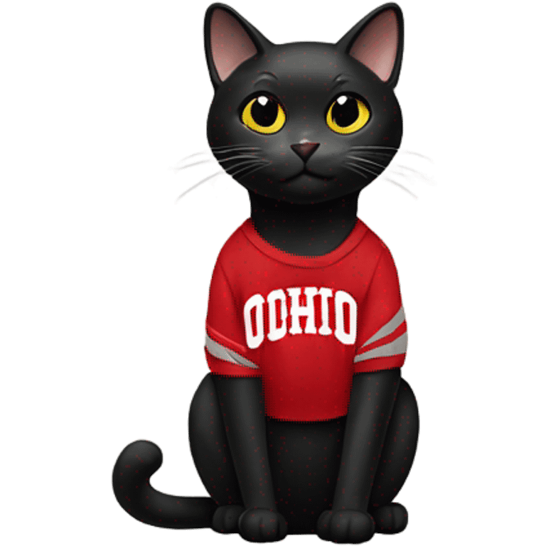 Black cat wearing an Ohio State University sweatshirt emoji