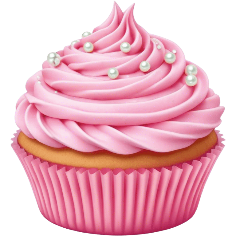 Cinematic Realistic Pink Cupcakes, fluffy pastel pink frosting swirled elegantly on top of golden cupcakes, tiny edible pearls adding a delicate touch, soft warm lighting creating a dreamy atmosphere, glowing with sweetness and charm. emoji