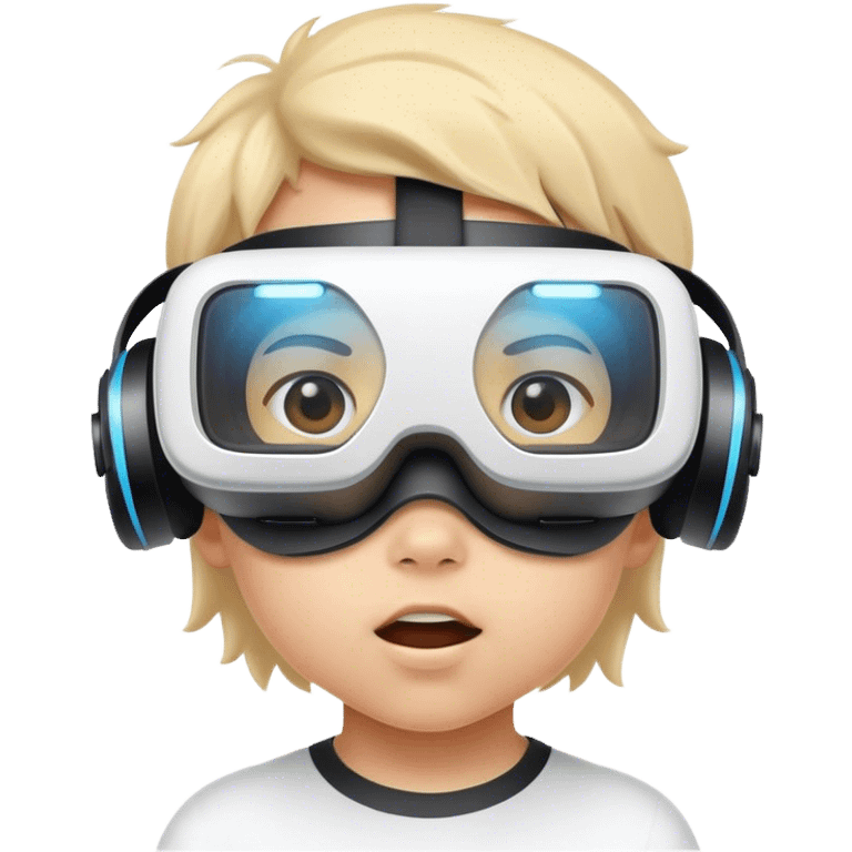 Child wearing virtual reality glasses, with a curious and engaged expression, exploring the digital world through VR technology. emoji