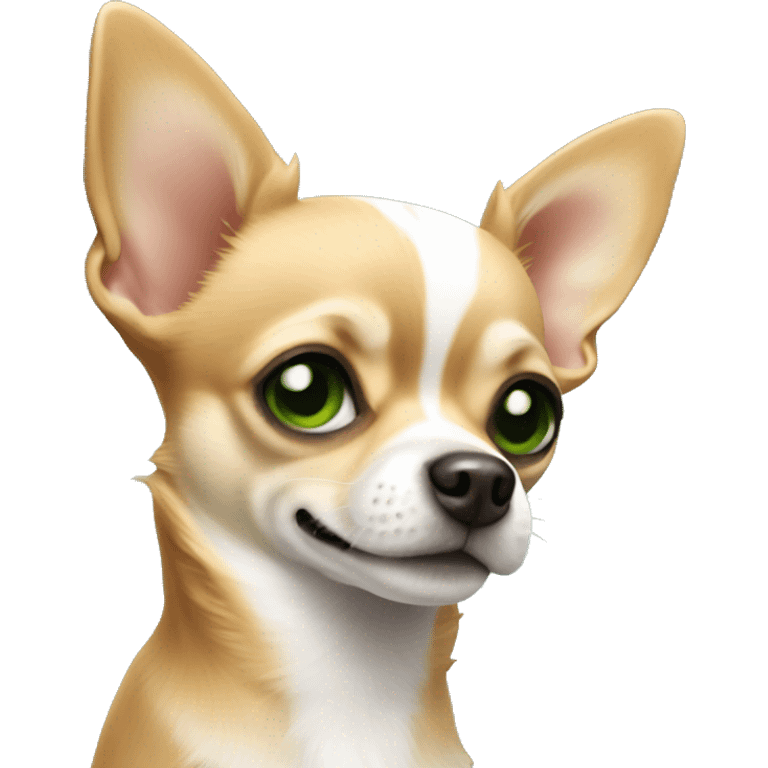 Light brown and white Chihuahua with a bolond with green eyes  emoji