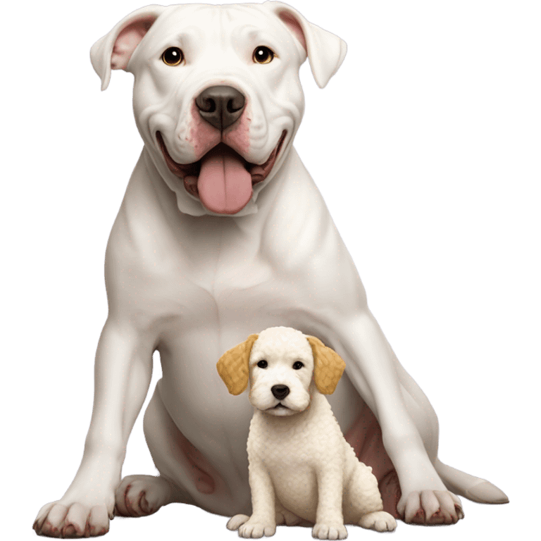 White pitbull that is huge with tiny golden doodle emoji