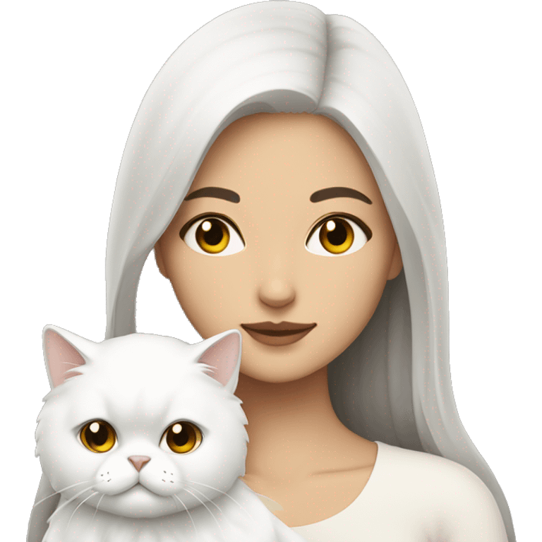 Brunette woman snuggling white Persian cat emoji