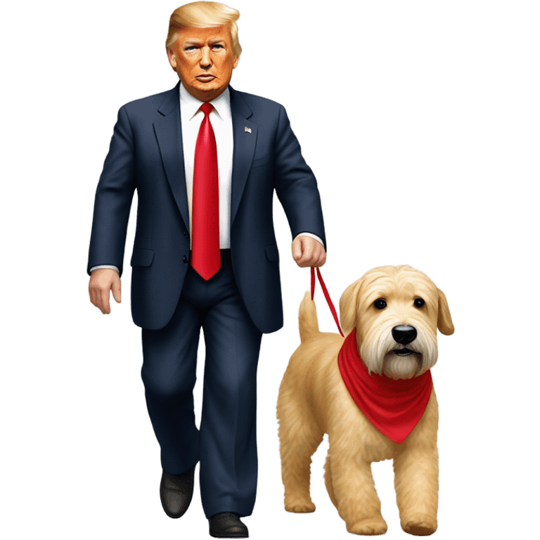 President Donald trump walking a wheaten terrier wearing a red bandana emoji