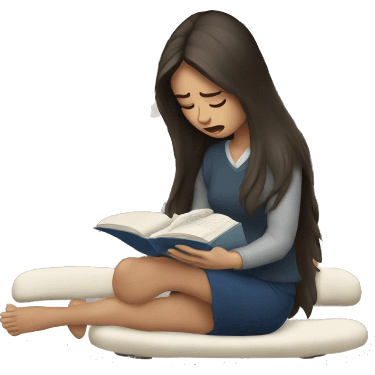 brunette long hair woman crying while holding and reading book emoji