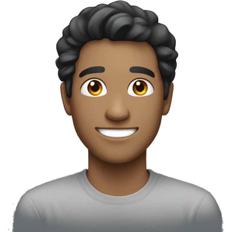 white person smiling with a gray shirt, black hair, 26 years old emoji