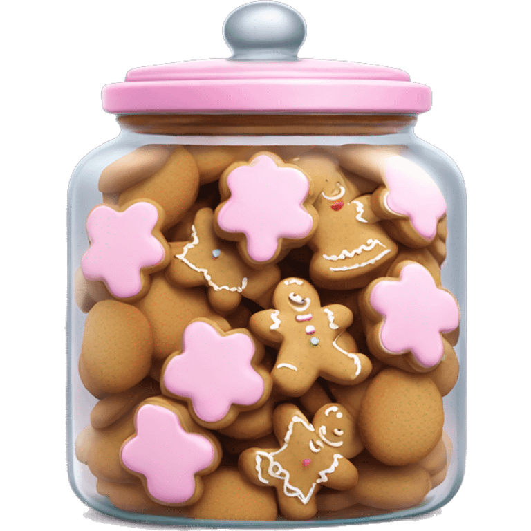 Realistic glass cookie jar with light pink lid full of gingerbread cookies isolated.  emoji