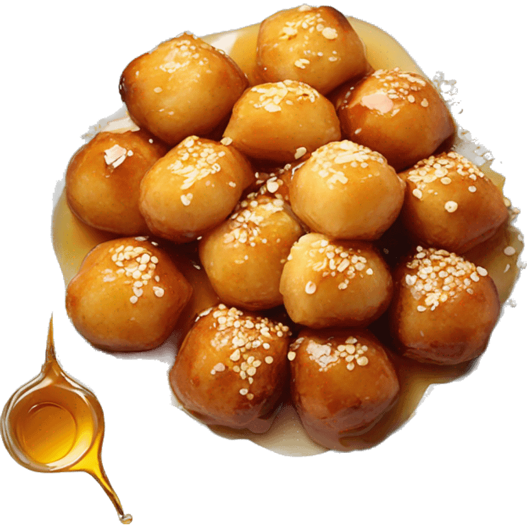 Greek loukoumades in a plate with honey drizzle and sesame seeds emoji