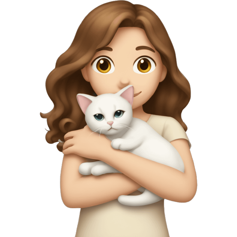 brown haired girl hugging a cream colored cat emoji