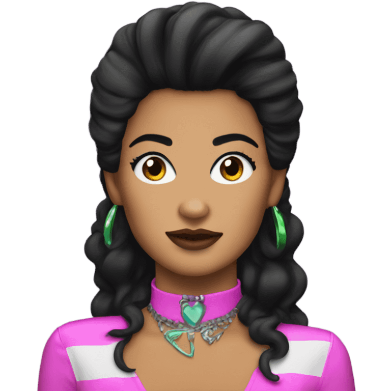 Tanned woman with black hair dressed in 1980s rock hair, makeup, and neon attire  emoji