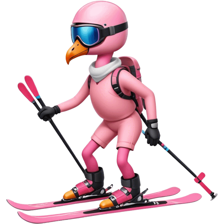 A Skiing Flamingo with ski helmet on the head , wearing ski goggles , ski and ski boots emoji