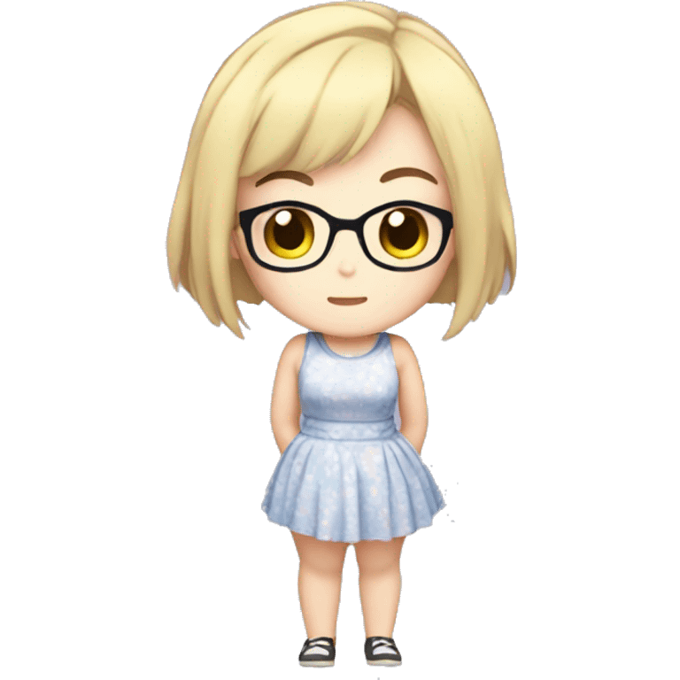 Chubby anime girl with glasses and short blond hair, full body wearing cute dress emoji