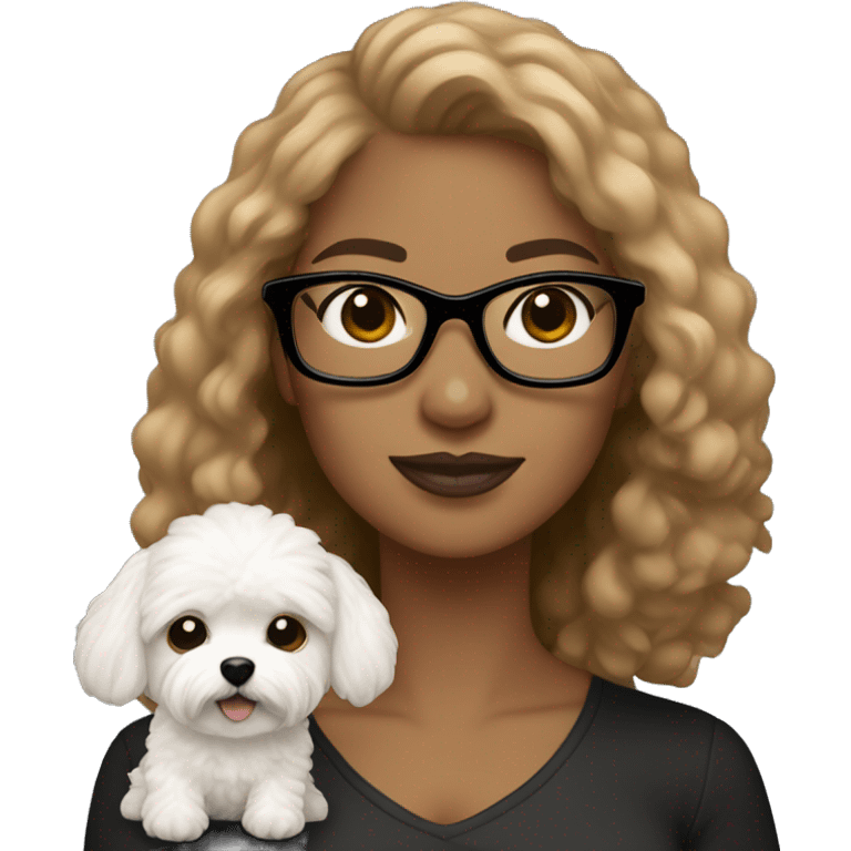 Light brown woman with black glasses holding white MaltiPoo emoji