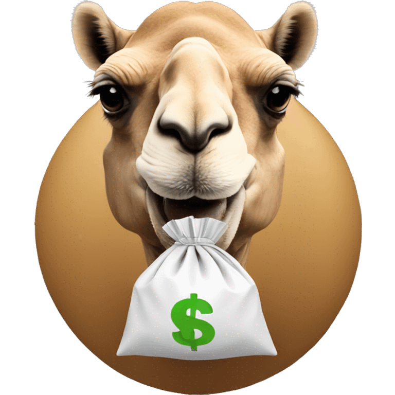 Camel holding a money bag in the mouth, picture from front emoji