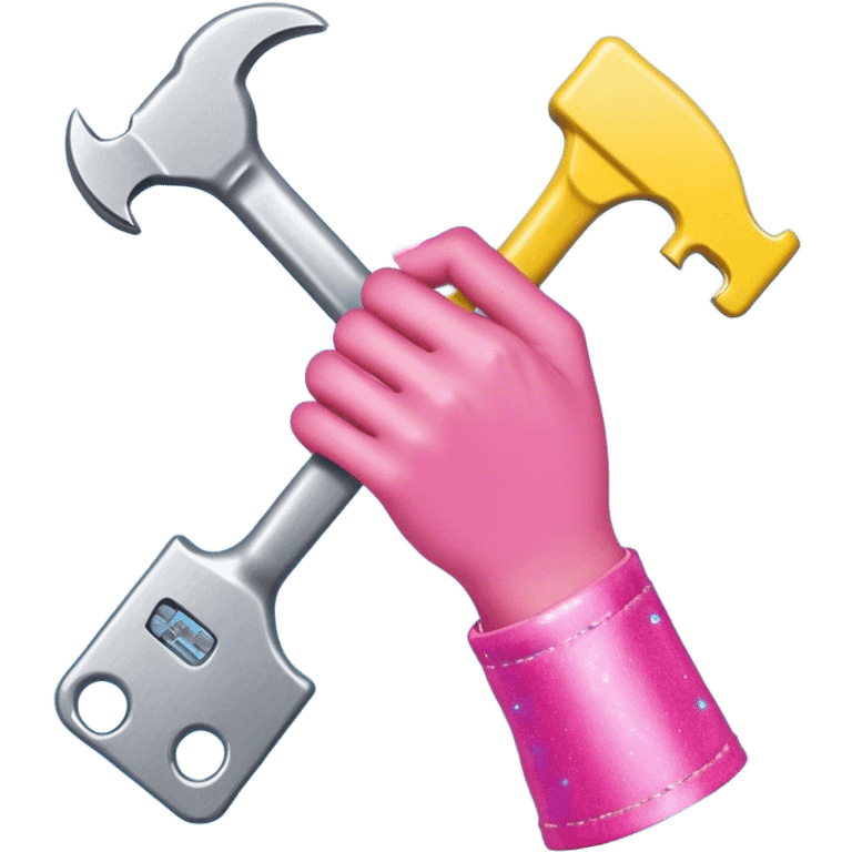 Yellow hand with bright pink fingernails holding a silver wrench. The hand is wearing what appears to be a blue sleeve or cuff at the wrist. The entire composition is set against a light blue square background with small pink sparkle or star elements emoji