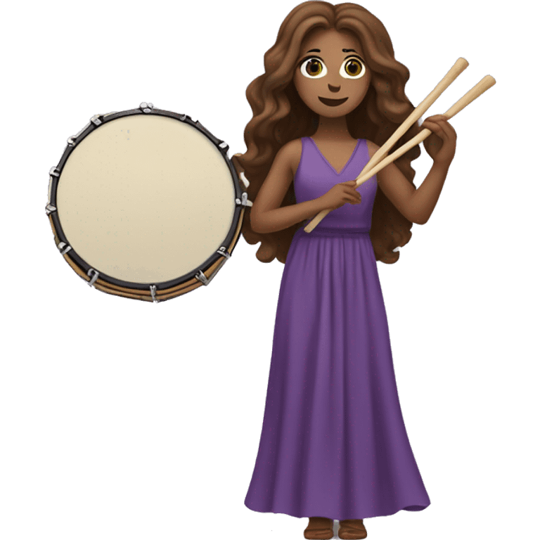 White woman standing with long flowing purple dress and long wavy brown hair holding a small handheld frame drum and a drum stick emoji