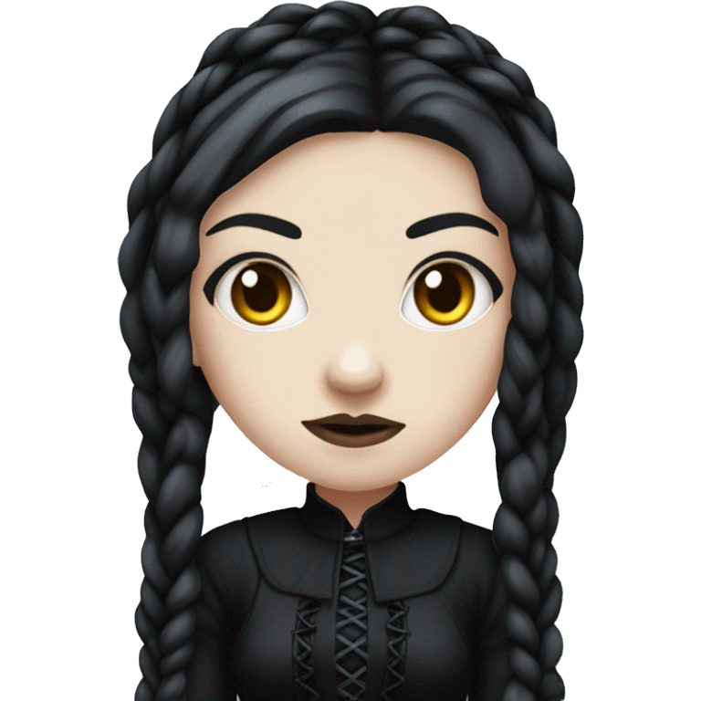 An emoji of a girl with long black braids, pale skin, and a serious expression. She wears a dark, gothic-style dress and has a mysterious, intense vibe, inspired by a classic gothic look emoji