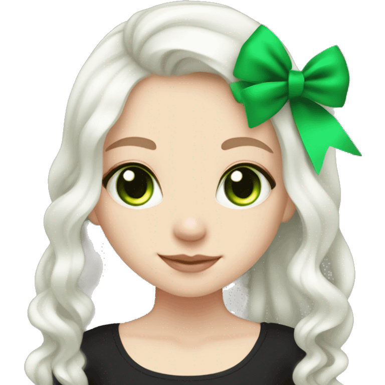 pale girl with long platinum white wavy hair with bright green eyes and wearing a black hair bow pale girl with long platinum white wavy hair with bright green eyes and wearing a black hair bow emoji