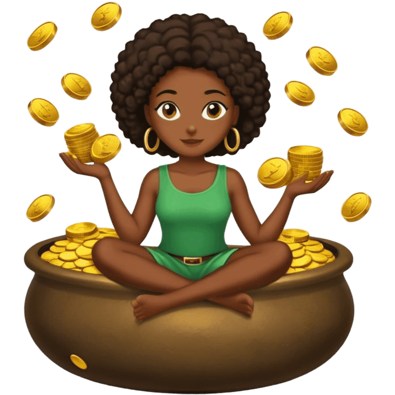 black woman sitting on a pot of gold coins emoji