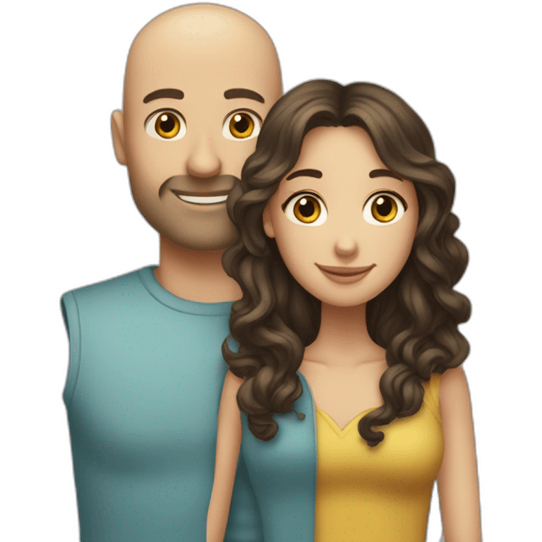 caucasian bald man and a caucasian woman with long curly dark hair and bangs hugging emoji