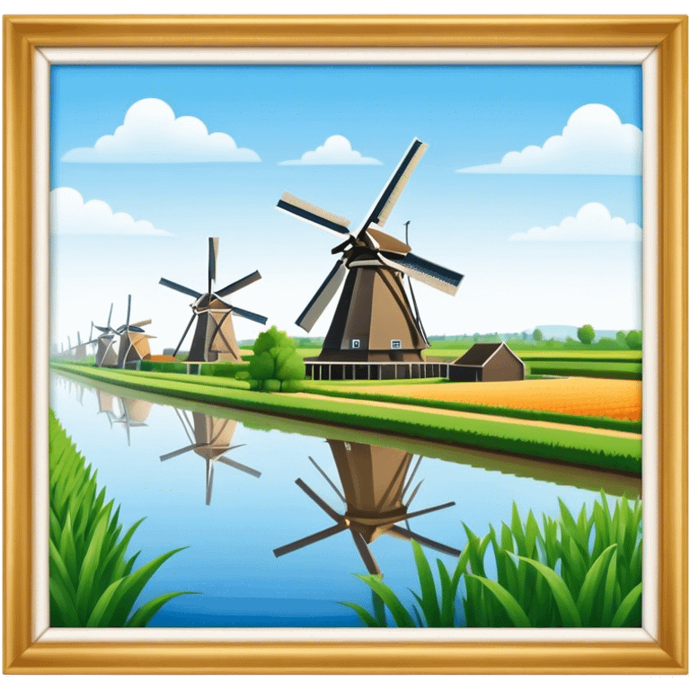 Cinematic Realistic Kinderdijk Windmills Landmark Emoji, showcasing traditional Dutch windmills aligned along a tranquil canal, with lush green fields, soft ripples in the water. emoji