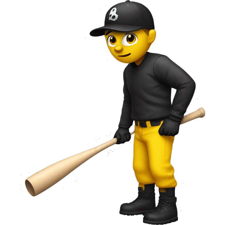 Robber hanging a bat with his left hand and wearing black and white cap and shirt and his body colour is yellow and his eyes are black emoji