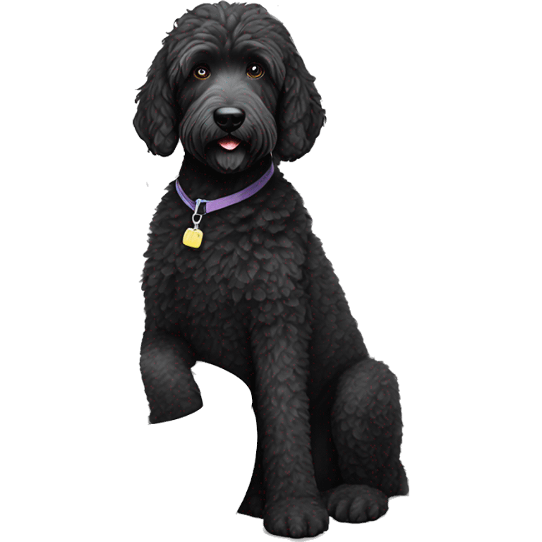 black labradoodle dog with some white on the chest and kin sitting on the toilet with a new paper in the paws emoji