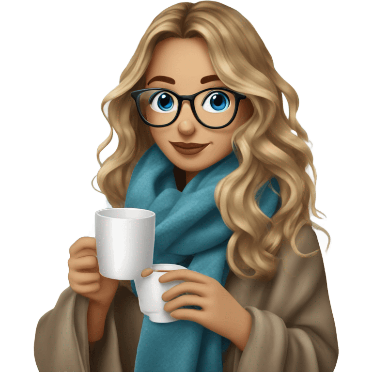 Balayage hair Girl drinking coffee, with a cozy blanket wearing glasses with blue eyes beautiful  emoji