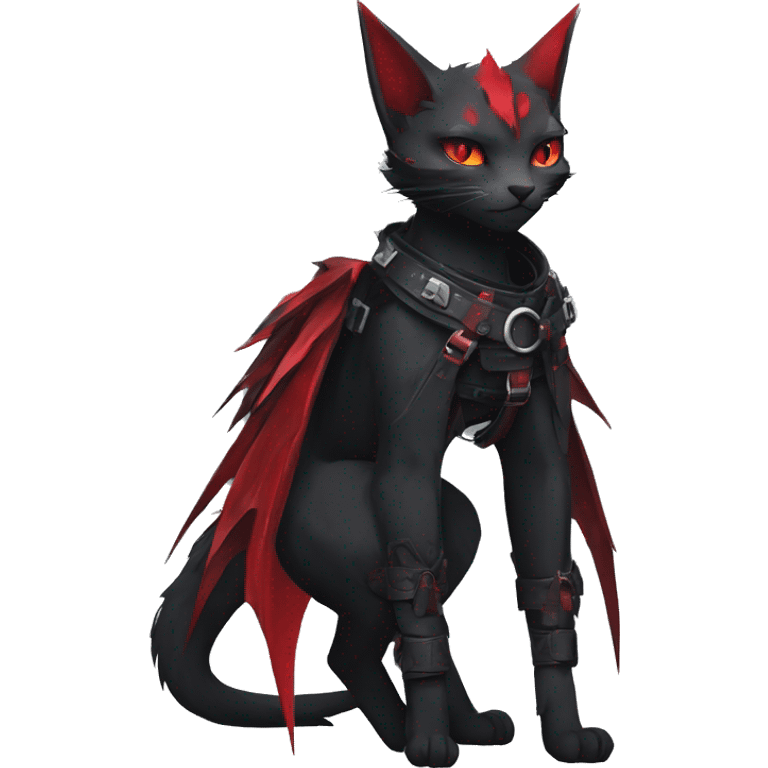 Anthro cool cute edgy elegant pretty black punk techwear red fantasy nargacuga-bat-cat-Fakemon collar harness warrior full body emoji