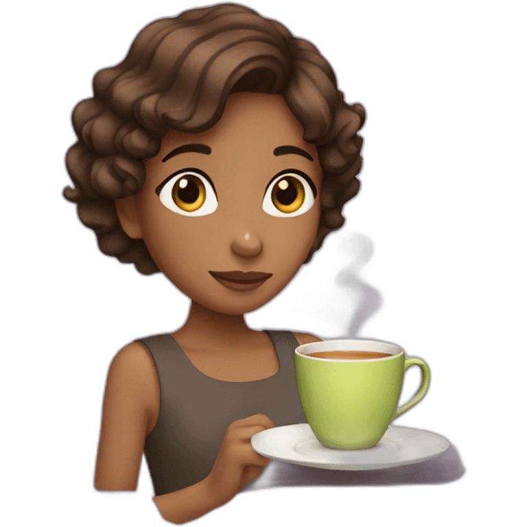 girls with wavy brown short hair drinking tea emoji