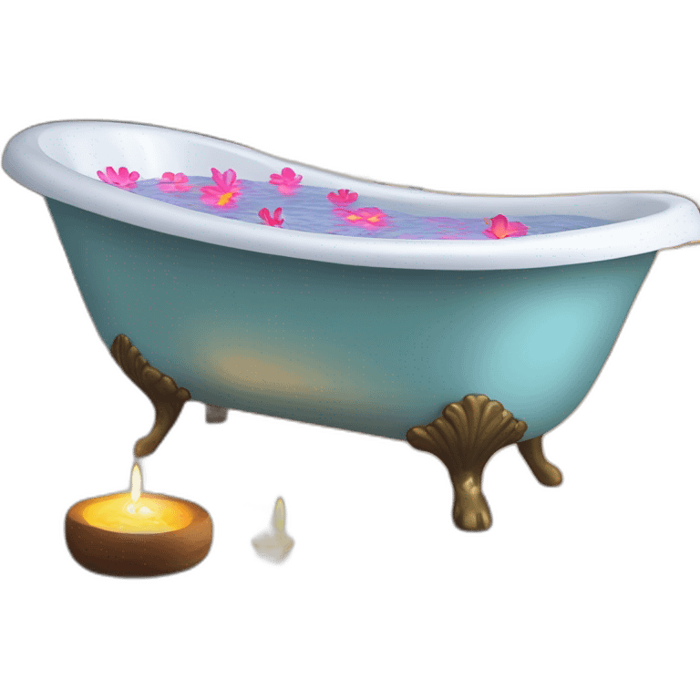 Create a claw-foot bathtub with sparkling water, surrounded by candles and flowers, in a tranquil bathroom. emoji