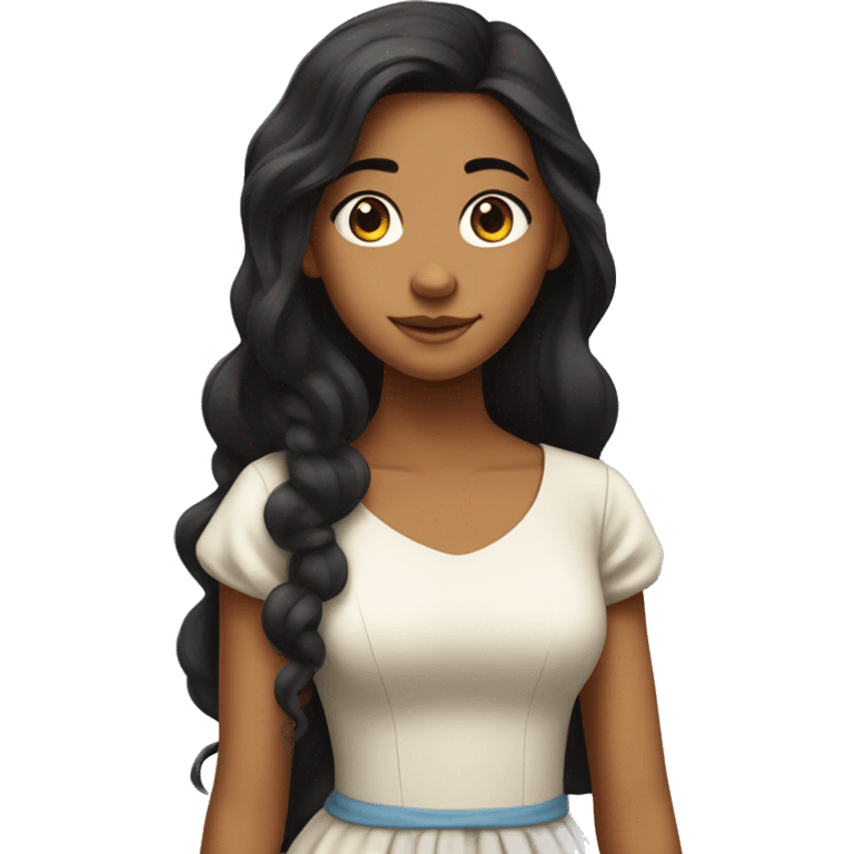 A 16-year-old girl is wearing a long dress, with a tanned skin, writing, with long black hair reaching her chest, and frizzy hair emoji