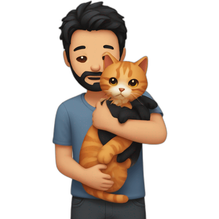 Boy with black hair and beard huging ginger cat emoji