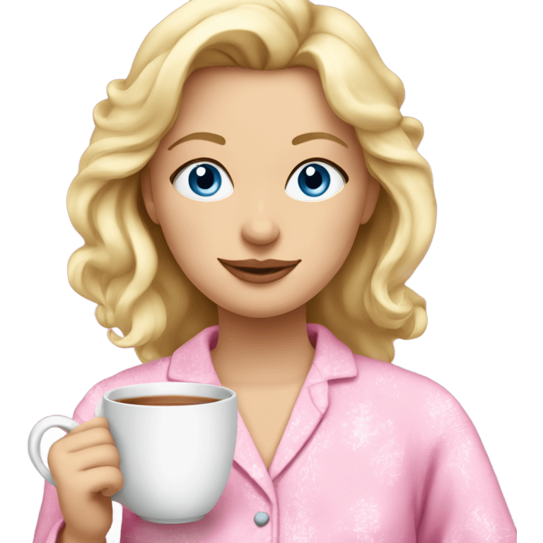 Blonde woman with blue eyes in pink pyjamas drinking tea  emoji