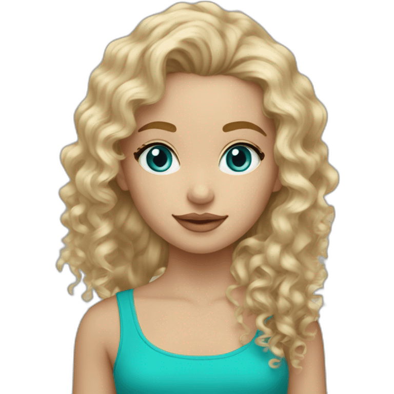 Blonde curly hair mid length Belgian girl blue eyes with turquoise earrings emoji