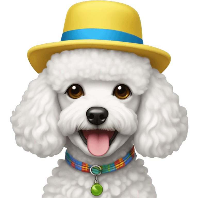 happy white toy poodle with a hat that is bright blue, yellow, bright green, red and black  emoji