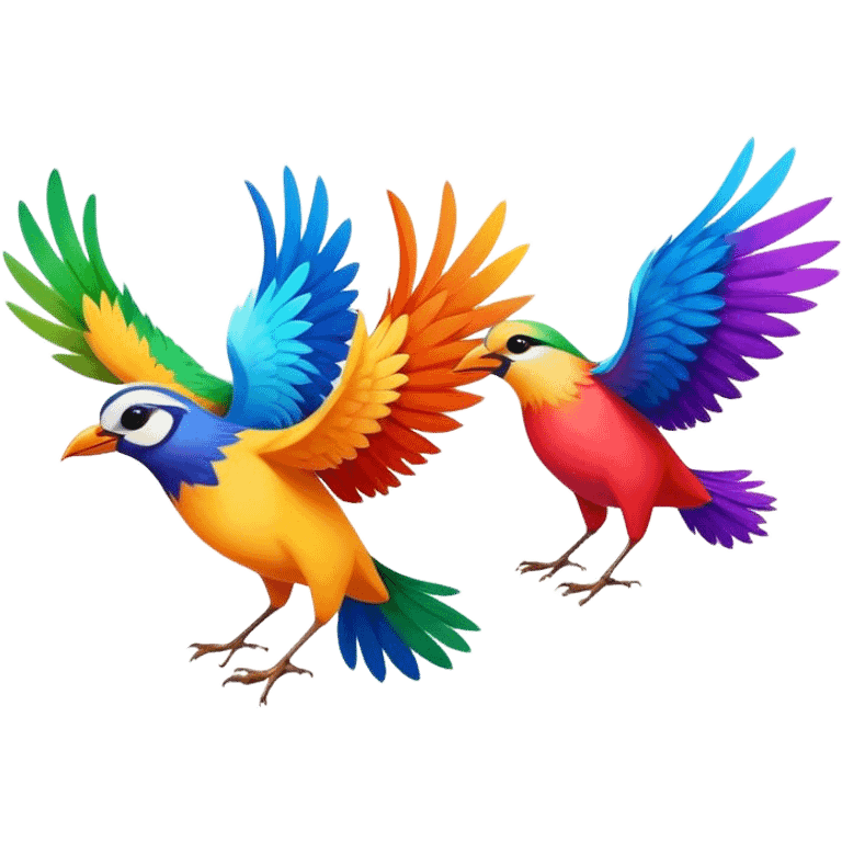 Three colorful birds flying together in the sky, each with vibrant feathers, wings spread wide, moving in harmony and creating a lively, joyful scene emoji