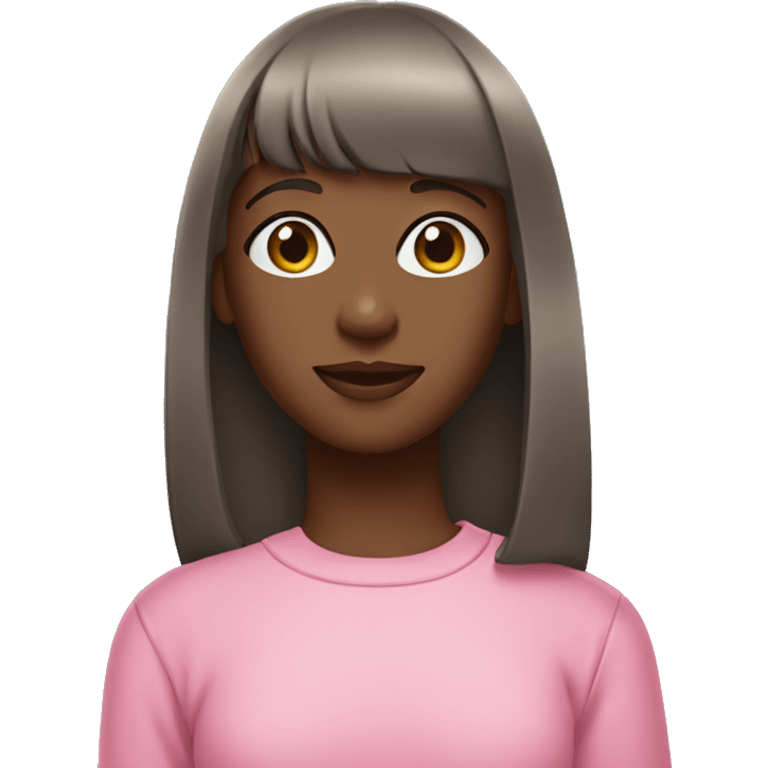 a dark brown skinned girl with straight hair and bangs, wearing a pink sweatshirt. emoji