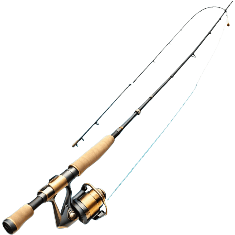 Cinematic Realistic Fishing Rod, sleek graphite rod with a smooth, polished reel, thin line disappearing into a shimmering lake, warm golden sunlight reflecting off the water, glowing with a tranquil and adventurous aura. emoji