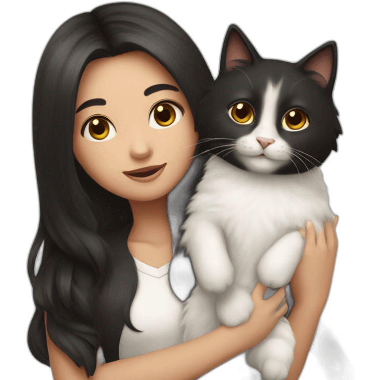 A girl with long dark hair and a white fluffy cat on her right shoulder emoji