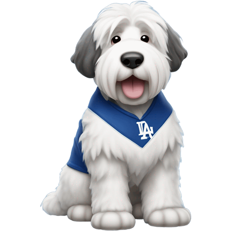 An old English sheepdog full-height wearing a Dodgers shirt emoji