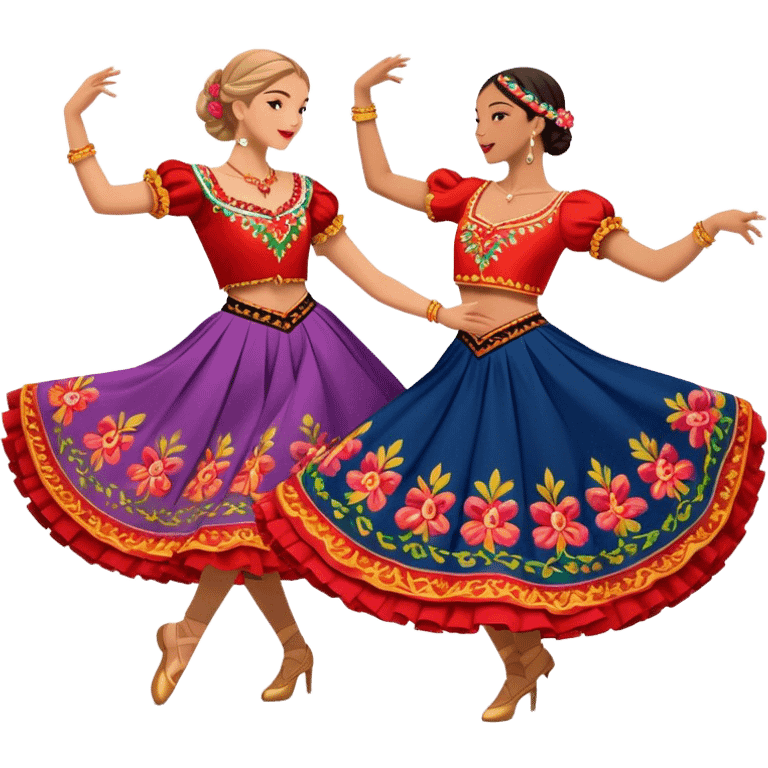 Cinematic Realistic scene of two dancers performing the Tarantella, dressed in vibrant, flowing traditional costumes with detailed embroidery and dynamic skirts, captured in festive motion with warm, lively lighting emoji