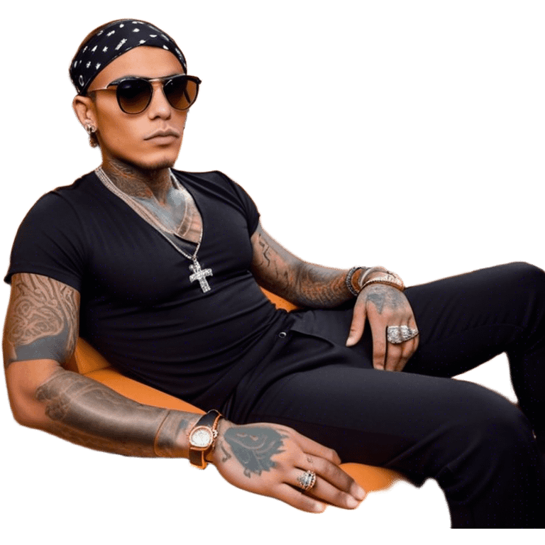 A stylish, tattooed man with sunglasses sits confidently in the backseat of an orange interior luxury car, resembling a Rolls-Royce, under a glowing starlit ceiling. He wears black bandana-print pants, a black shirt, and accessorizes with bracelets and a watch. The ambiance is sleek and high-end, giving off a celebrity lifestyle vibe. Next to him, Kylie Jenner sits with a glamorous and confident expression, dressed in a fashionable outfit, exuding wealth and star power. Both are relaxed, embodying luxury and exclusivity in a VIP setting emoji