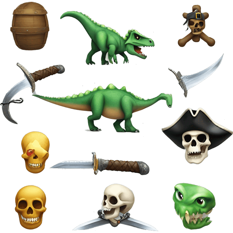 Dinosaur pirate, sword in hand, pirate ship, skull and crossbones emoji