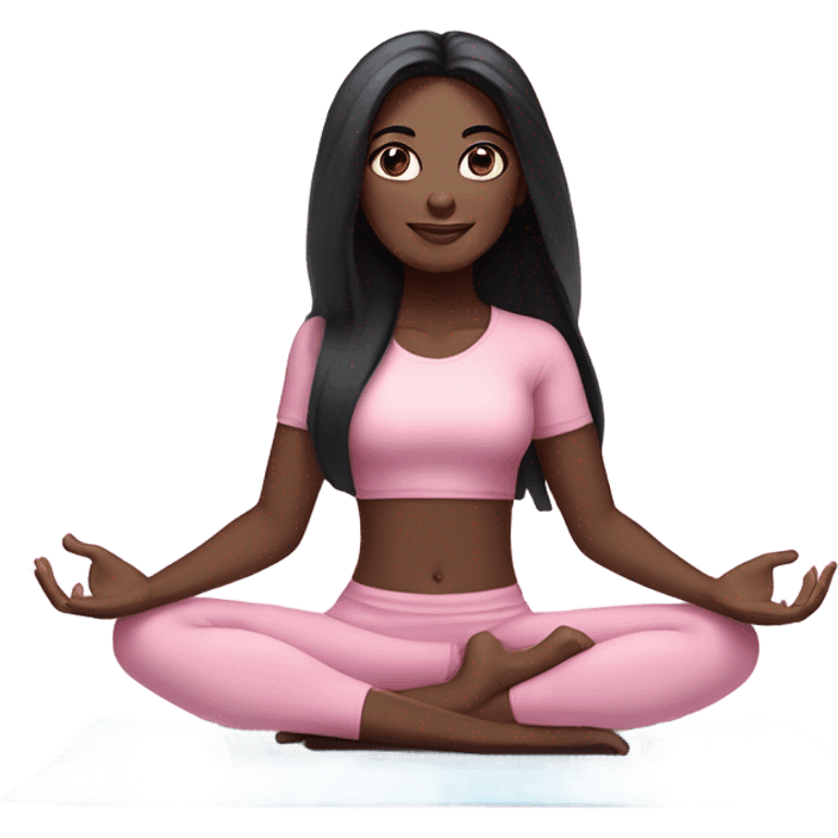 Black long hair and blue blue eyes yoga beautiful girl dark skin in light pink pink pink clothes sitting on a yoga mat emoji